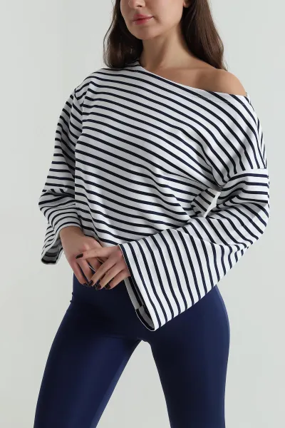 Lacivert Çizgili Kayık Yaka Modal Kadın Bluz 499865
