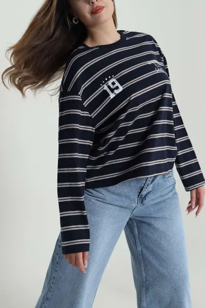 Lacivert Çizgili Likralı Kadın Sweat 488435