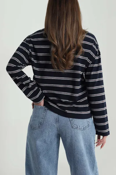Lacivert Çizgili Likralı Kadın Sweat 488435