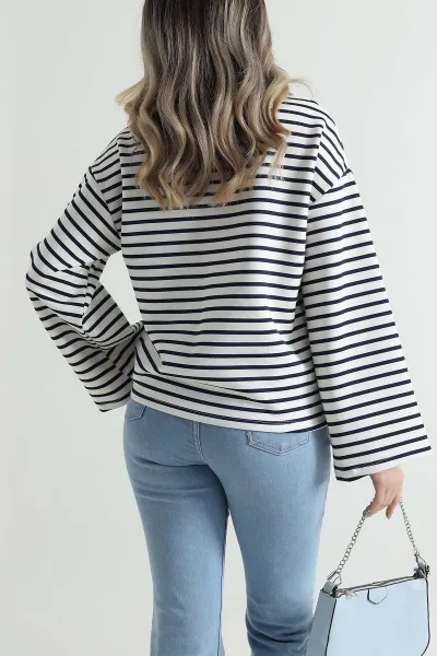 Lacivert Çizgili Modal Kadın Bluz 494847