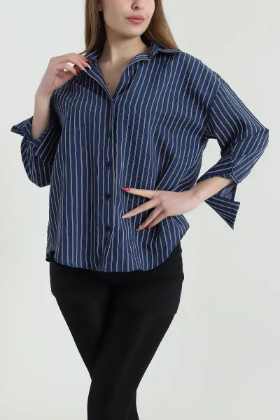 Lacivert Çizgili Mono Stripe Kadın Gömlek 425454