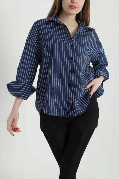 Lacivert Çizgili Mono Stripe Kadın Gömlek 425454