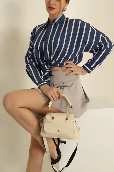 Lacivert Çizgili Oversize Basic Dokuma Gömlek 266425