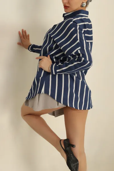 Lacivert Çizgili Oversize Basic Dokuma Gömlek 266425