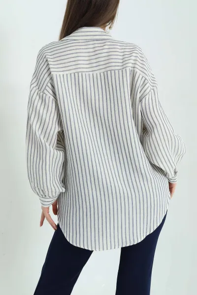 Lacivert Çizgili Oversize Bayan Keten Gömlek 336978