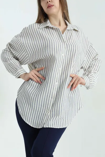 Lacivert Çizgili Oversize Bayan Keten Gömlek 336978