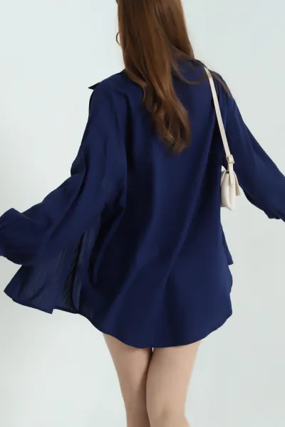Lacivert Çizgili Oversize Keten Kadın Gömlek 336986