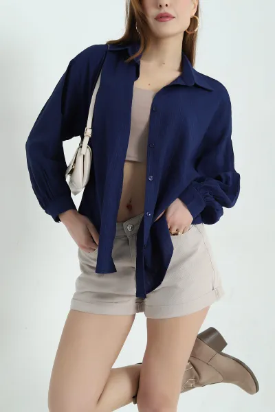 Lacivert Çizgili Oversize Keten Kadın Gömlek 336986