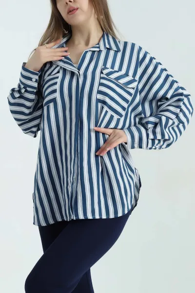 Lacivert Çizgili Oversize Dokuma Bayan Gömlek 336992