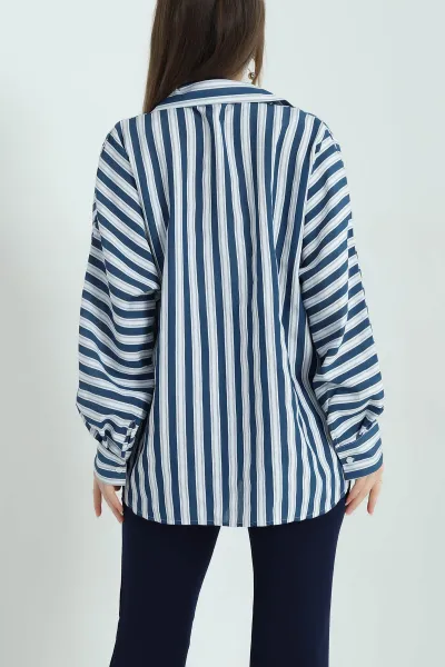 Lacivert Çizgili Oversize Dokuma Bayan Gömlek 336992