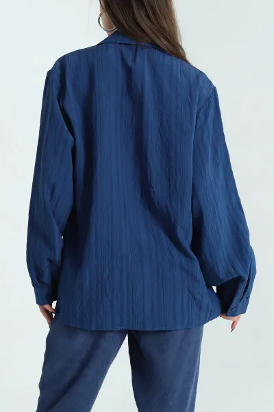 Lacivert Çizgili Oversize Dokuma GÖmlek 337018
