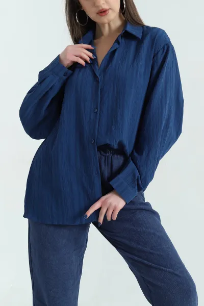 Lacivert Çizgili Oversize Dokuma GÖmlek 337018