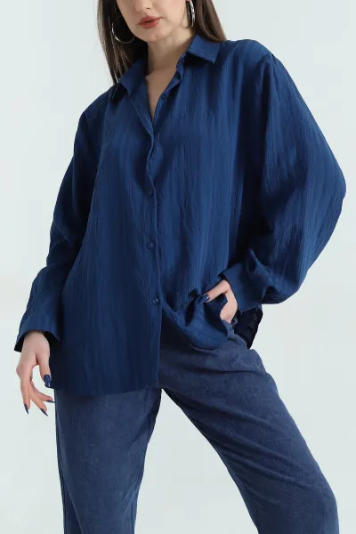 Lacivert Çizgili Oversize Dokuma GÖmlek 337018