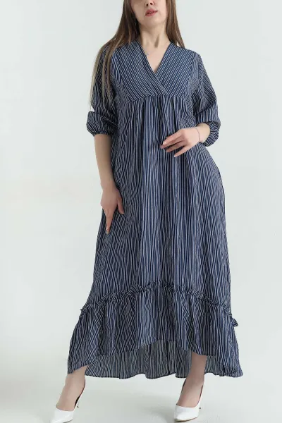 Lacivert Çizgili Oversize Dokuma Kadın Elbise 355263