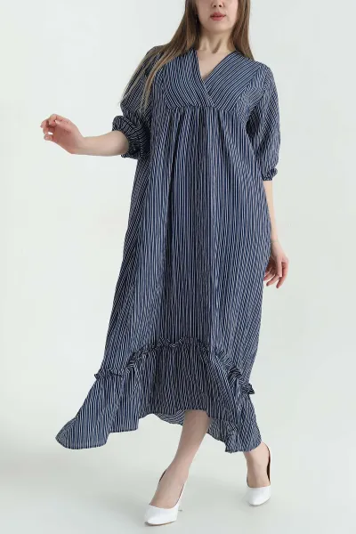 Lacivert Çizgili Oversize Dokuma Kadın Elbise 355263