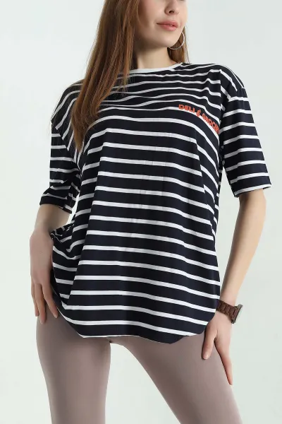 Lacivert Çizgili Oversize Kadın Tişört 354284