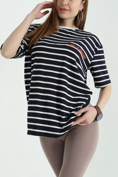 Lacivert Çizgili Oversize Kadın Tişört 354284