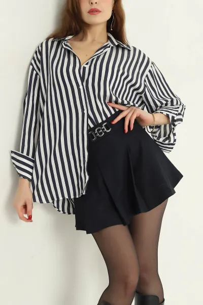 Lacivert Çizgili Oversize Mikro Saten Gömlek 332414