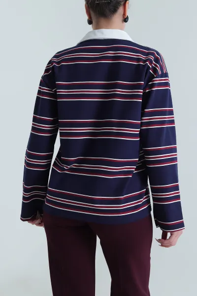 Lacivert Çizgili Polo Yaka İki İp Kadın Sweat 492568