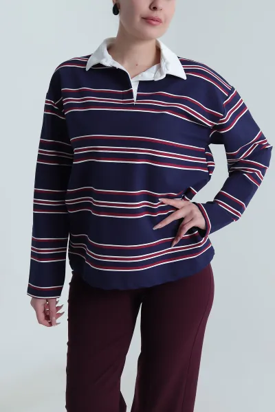 Lacivert Çizgili Polo Yaka İki İp Kadın Sweat 492568