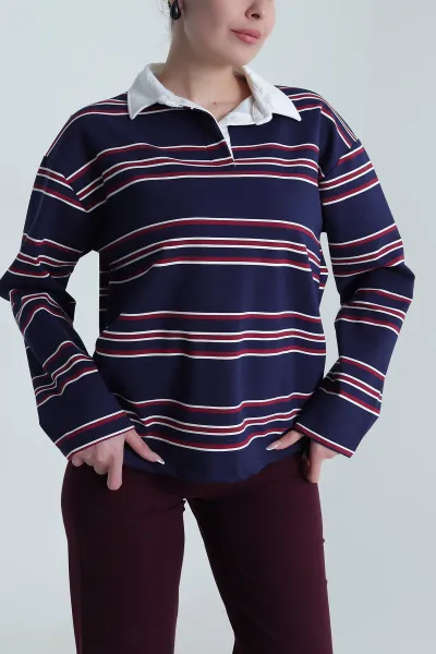 Lacivert Çizgili Polo Yaka İki İp Kadın Sweat 492568