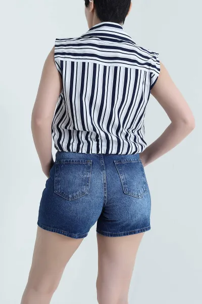 Lacivert Çizgili Poplin Cepli Kadın Yelek 462020