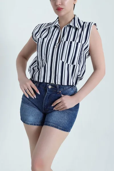Lacivert Çizgili Poplin Cepli Kadın Yelek 462020