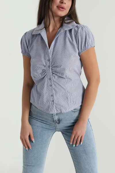 Lacivert Çizgili Poplin Kadın Gömlek 481007