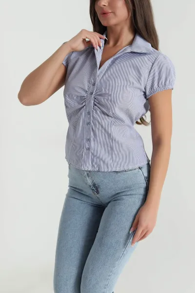 Lacivert Çizgili Poplin Kadın Gömlek 481007