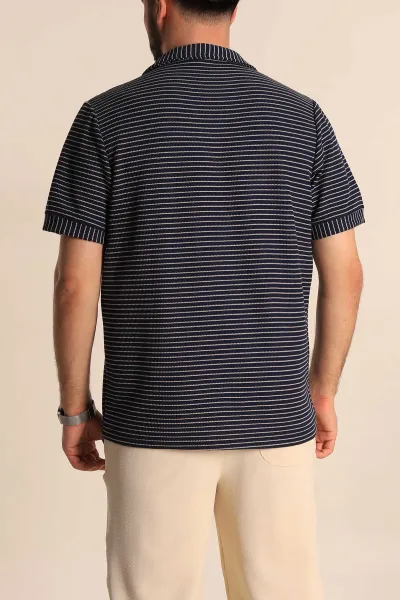Lacivert Çizgili Regular Fit Dokulu Polo Yaka Erkek Tişört 277086