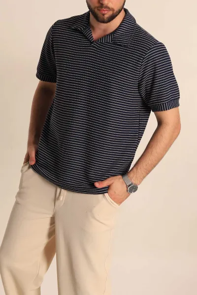 Lacivert Çizgili Regular Fit Dokulu Polo Yaka Erkek Tişört 277086