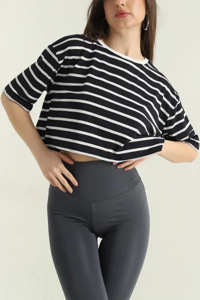 Lacivert Çizgili Süprem Kadın Crop Bluz 357446