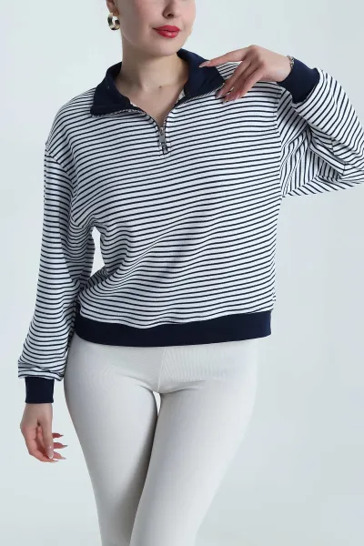 Lacivert Çizgili Üç İp Kadın Sweat 491703