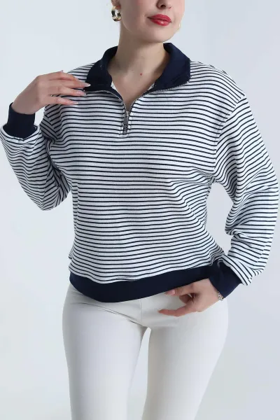 Lacivert Çizgili Üç İp Kadın Sweat 491703