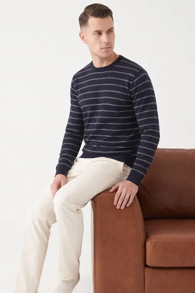 Lacivert Çizgili Viskon Triko Erkek Sweatshirt 482855