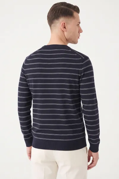 Lacivert Çizgili Viskon Triko Erkek Sweatshirt 482855