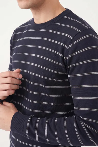 Lacivert Çizgili Viskon Triko Erkek Sweatshirt 482855