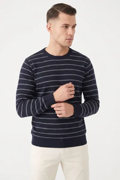 Lacivert Çizgili Viskon Triko Erkek Sweatshirt 482855