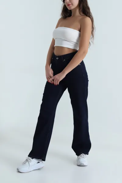 Lacivert Comfort Likralı Palazzo Kadın Raw Kot Pantolon 496306