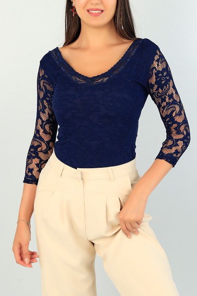 Lacivert Dantel Tasarım Astarlı Bluz 73164