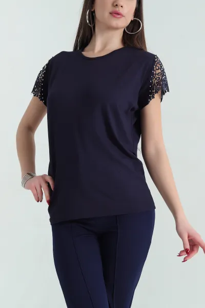 Lacivert Dantelli İncili Çilek Bluz 334543