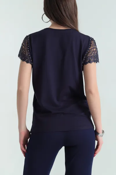Lacivert Dantelli İncili Çilek Bluz 334543