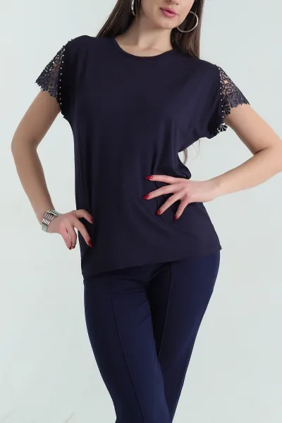 Lacivert Dantelli İncili Çilek Bluz 334543
