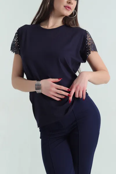 Lacivert Dantelli İncili Çilek Bluz 334543
