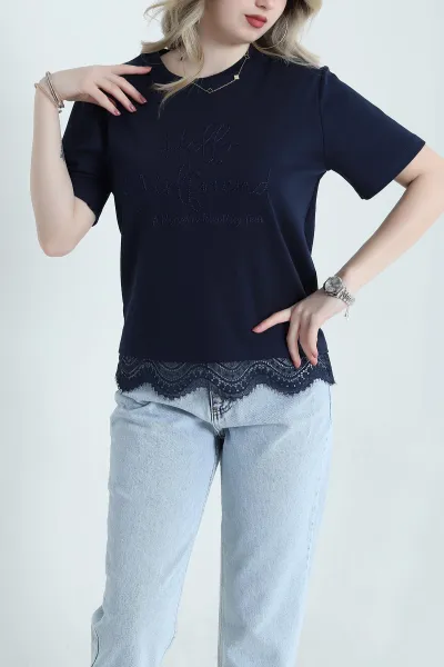 Lacivert Dantelli İnterlok Kadın Bluz 457618