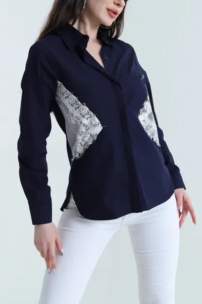 Lacivert Dantelli Uzun Kollu Poplin Kadın Gömlek 448941