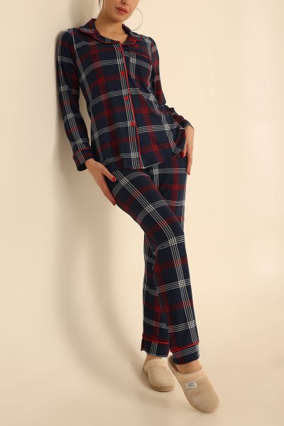 Lacivert Desenli Süet Bayan Pijama Takımı 211504