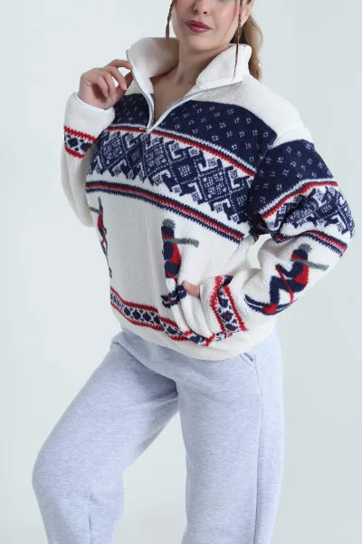 Lacivert Desenli Uzun Kollu Teddy Kadın Sweat 482453