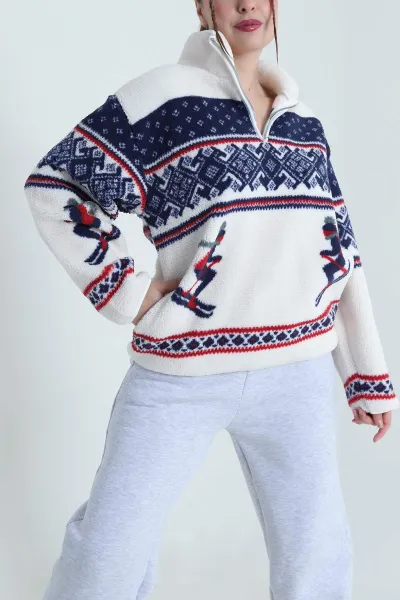 Lacivert Desenli Uzun Kollu Teddy Kadın Sweat 482453