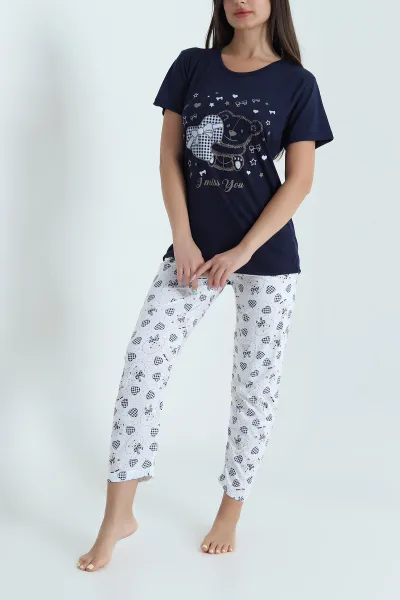 Lacivert Desenli Viskon Kadın Pijama Takımı 466618